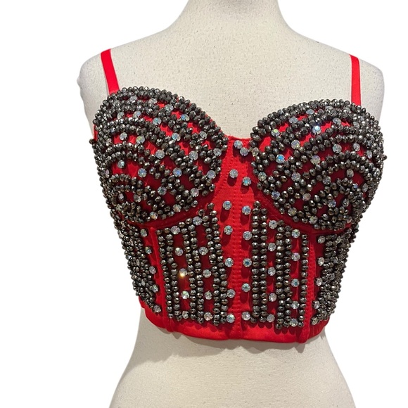love J Tops - Love J NWT red beaded corset with white and dark silver embellished rhinestones